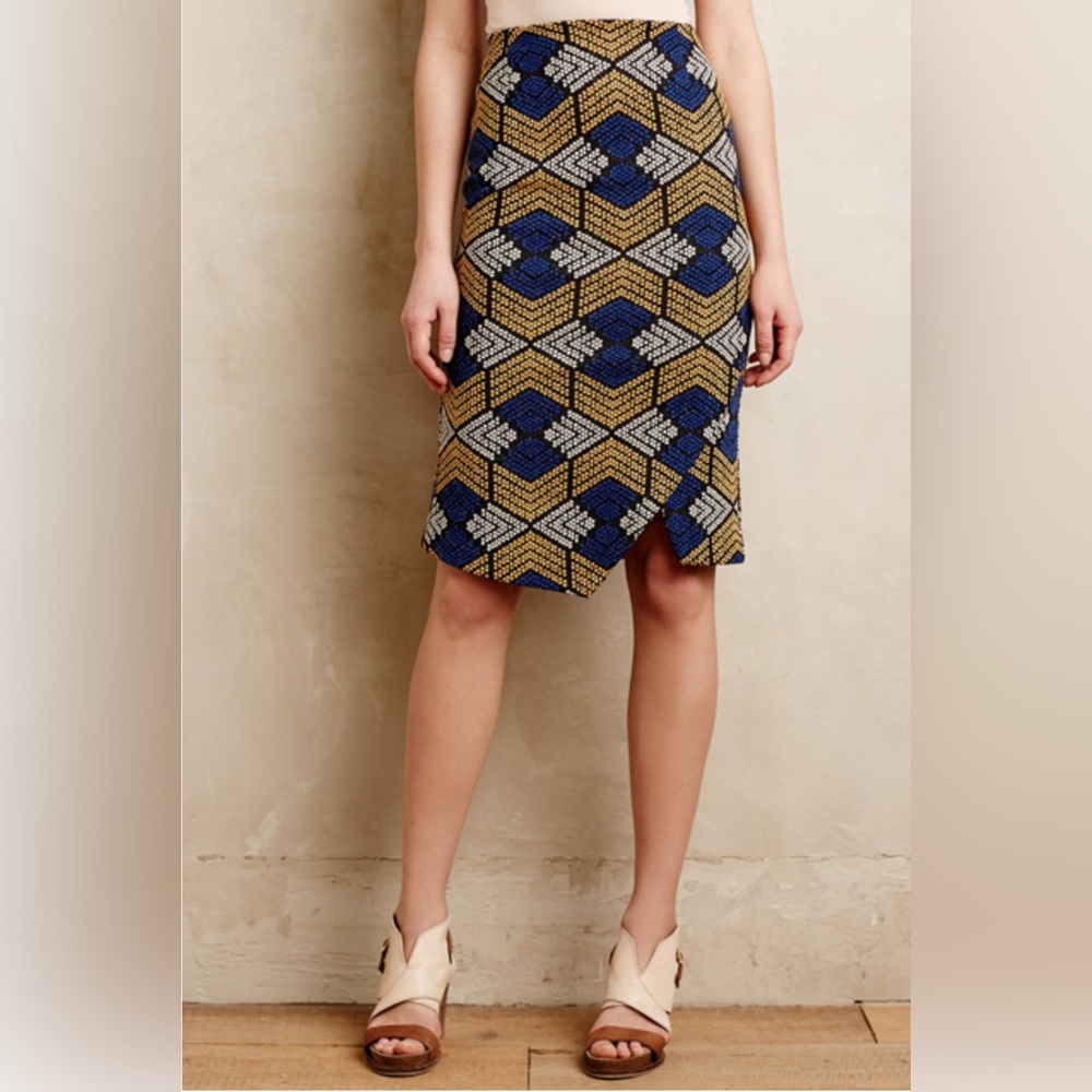 Anthropologie Maeve Kanara Blue and Gold Geometric Pencil Skirt
